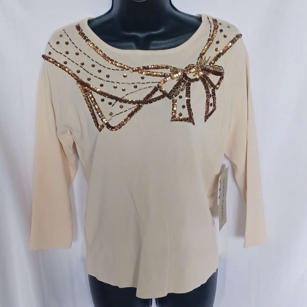 Lucia Burns Cream & gold 3/4 sleeve embellished knit top size M